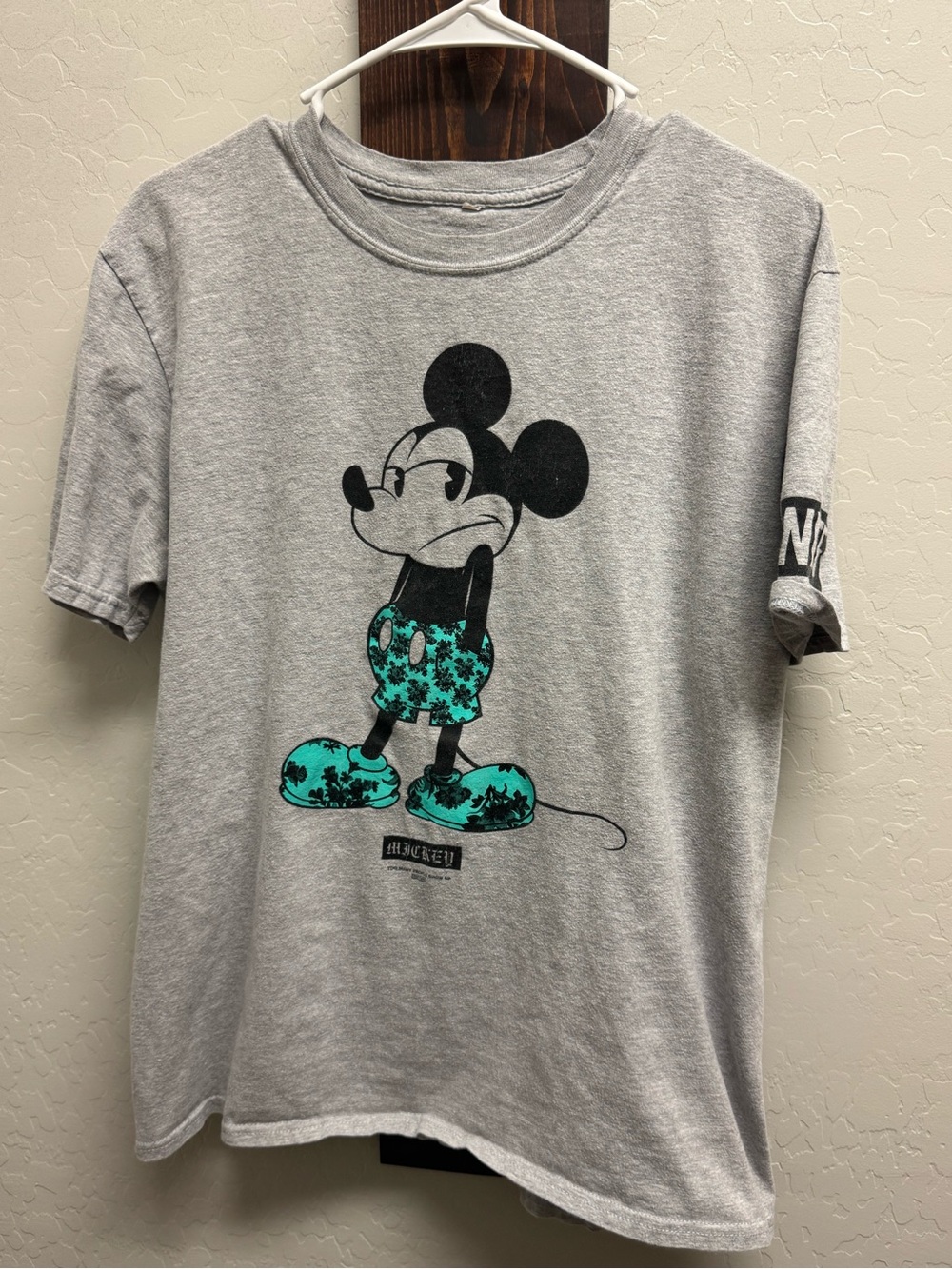 Neff Gray Short Sleeve Tee with Black and Teal Mickey Graphic